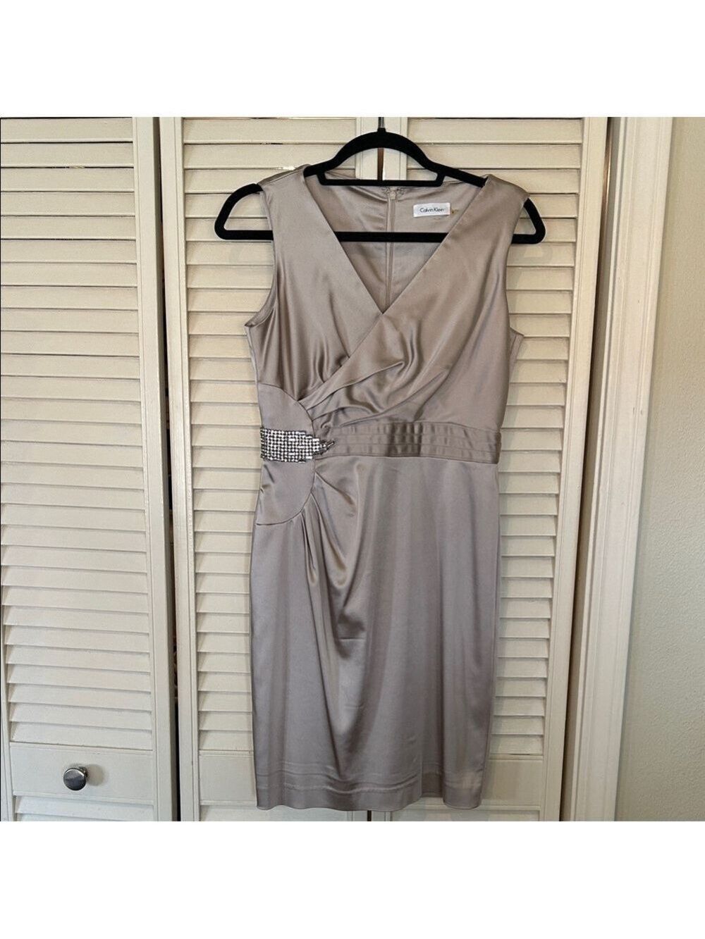 Calvin Klein Taupe Satin V-Neck Midi Dress Size 6